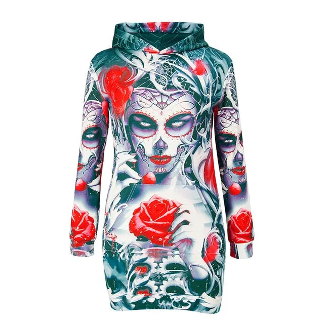 Floral Skull Hooded Dress S-3XL Women Autumn/Winter 2018